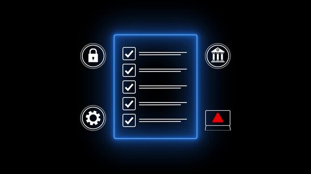 A digital checklist displayed on a glass-like panel, surrounded by security icons symbolizing data protection, privacy, and online safety. 4k quality animation video, Motion graphics of data concept