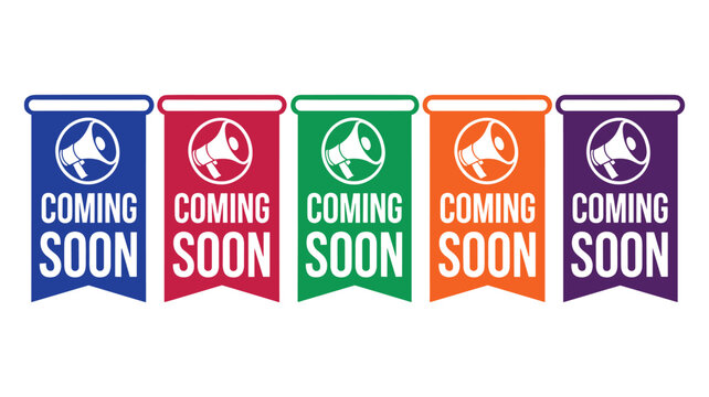Five colorful badges with coming soon text and on white background