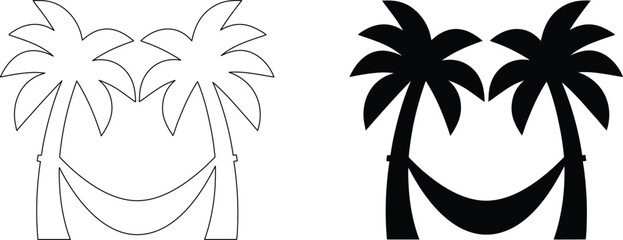 Palm trees with hammock icon outline and solid black version, modern graphic style design for web and app. © nidrarani