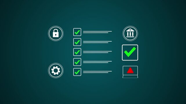 A digital checklist displayed on a glass-like panel, surrounded by security icons symbolizing data protection, privacy, and online safety. 4k quality animation video, Motion graphics of data concept