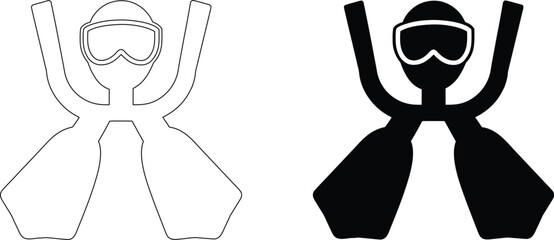 Scuba diver silhouette icon snorkeling mask flippers gear underwater exploration adventure vector graphic set linear art. © nidrarani