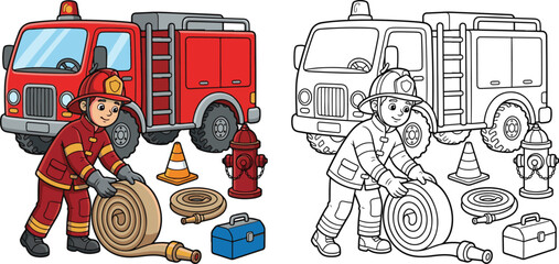 firefighter rolling a rescue hose beside a fire truck community helper lifestyle cartoon clipart and lineart print vector illustration for school student educational color coloring book