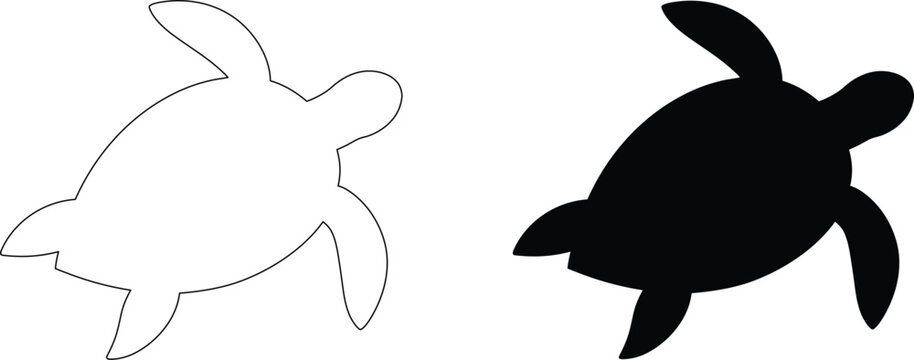 Sea turtle swimming silhouette and outline set isolated on a transparent background for marine life digital vector art.