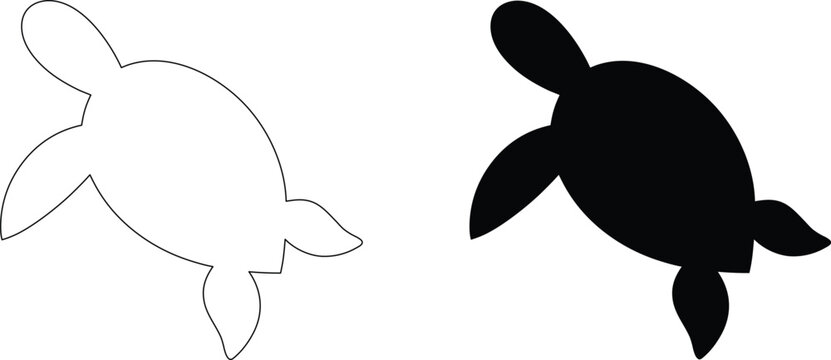 Sea turtle top view silhouette and outline set isolated on a transparent background for marine life digital vector art.
