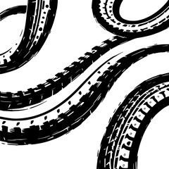 Fototapeta premium Tire track composition set with bold overlapping black and white tire outlines featuring high-contrast, grunge texture, black-white with energy and movement