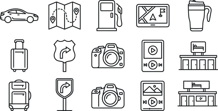 Set of travel and road trip line icons including car luggage camera and motel symbols with vacation navigation transportation adventure exploration destination direction
