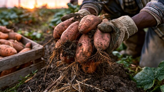 Farmer lifting a clump of freshly dug earthy sweet potatoes from a field row in an autumn field. Concept of sweet potato harvesting.