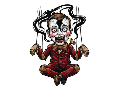 Creepy Ventriloquist Doll With Distorted Features, Bloodshot Eyes, And Tattered Clothing Surrounded By Ethereal Smoke Strands In A Dark Fantasy Setting Vector Illustration