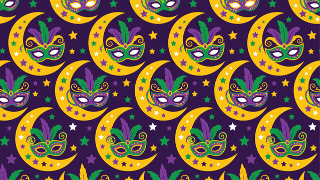 Mardi Gras seamless pattern with festive masquerade masks, gold crescent moons, and stars on a purple background. Flat vector illustration EPS 10.
