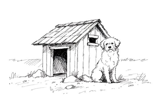 Fluffy small dog sitting in front of a wooden doghouse