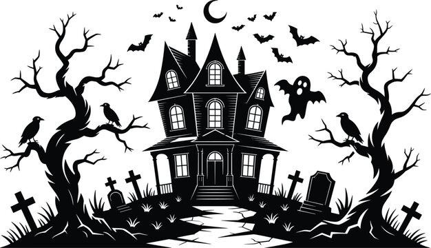Haunted house landscape illustration with dead trees gravestones bats and rising moon light