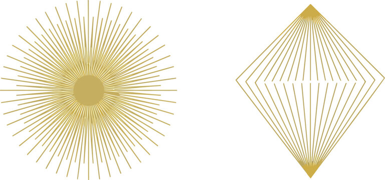 Golden geometric burst and cone shape on white background. Minimalist 3D light effect vector illustration for modern design projects