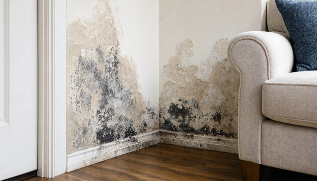 Severe black mold growing on a damaged interior wall in a residential home.