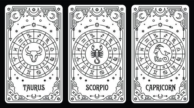 Astrology tarot cards set featuring taurus scorpio and capricorn zodiac wheel designs with celestial borders