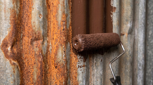 A paint roller applies brown coating to a rusted corrugated metal wall surface.