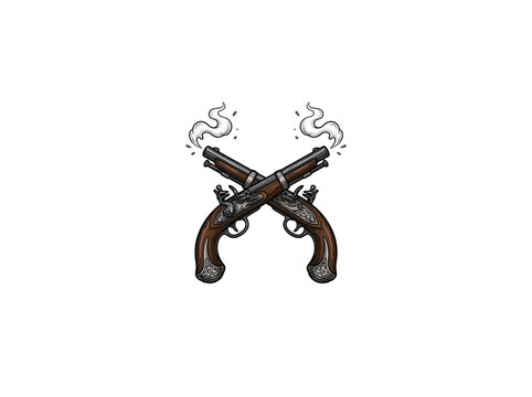 Two Ornate Flintlock Pistols Crossed With Swirling Smoke Trails Emanating From The Barrels In A Pirate Or Historical Theme Vector Illustration