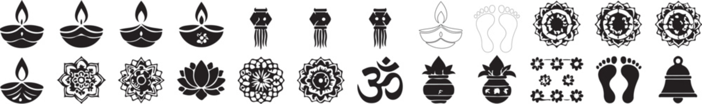 Diwali festival icon set. Hindu religious symbols and traditional holiday elements.