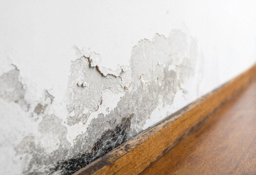 Damaged white wall with peeling paint and mold growth in a home interior.