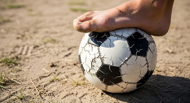 soccer ball on sand with bare foot