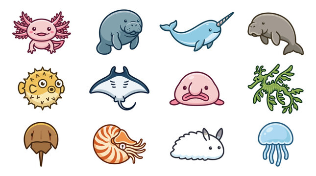 Set of twelve cute cartoon sea creature vector icons.