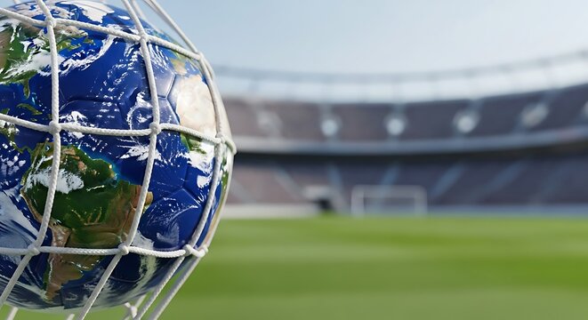 soccer ball in goal net on green field in stadium