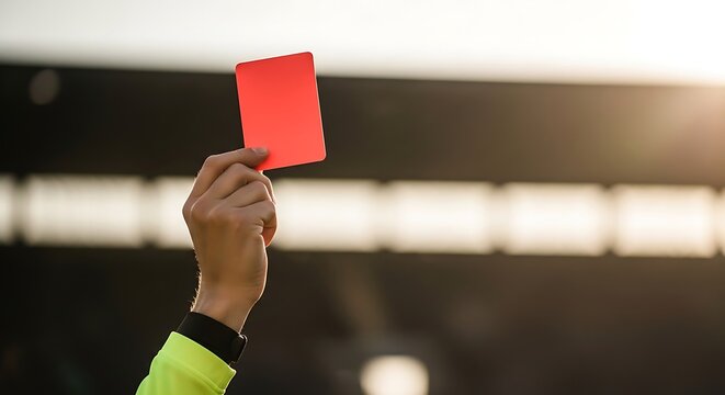 Referee holding red card in stadium