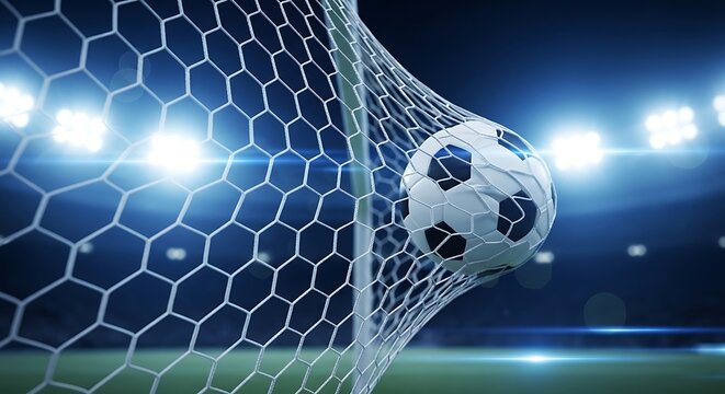 Soccer ball flying into goal net under stadium floodlights