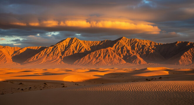 Golden sunset light over the sand dunes in a vast desert landscape