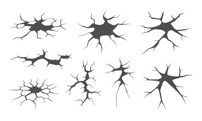 Set of isolated heavy impact craters with deep branching fracture cracks on blank surface vector illustration © Nazmul