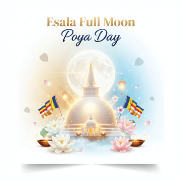 Esala Full Moon Poya Day celebration with Buddhist stupa and lotus flowers