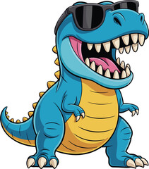 Cute blue cartoon dinosaur wearing sunglasses, happy T-Rex character illustration, cool prehistoric predator mascot, funny prehistoric animal on white background © MdSirajul