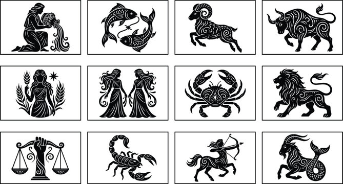 Black silhouette zodiac signs icons collection set featuring vintage linocut block print textures for astrology designs
