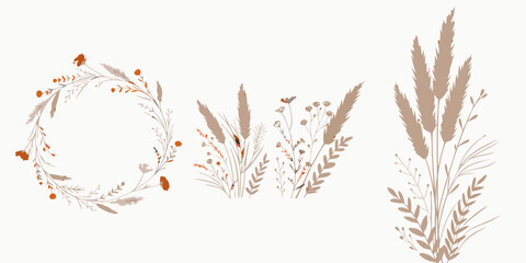 Obraz premium Autumn Wheat Ears with Wild Grass and Flowers Vector Illustration Isolated on White Background for Nature Harvest Seasonal Floral Decoration Design