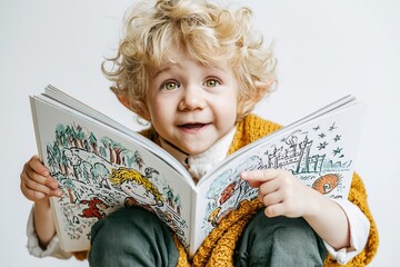 Obraz premium Happy Child Reading Illustrated Storybook