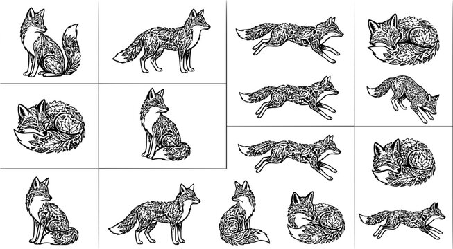 Collection of foxes featuring intricate floral patterns and leaf motifs in various poses including running and sleeping in black and white line art for creative design applications