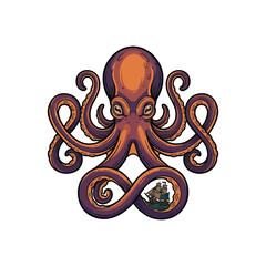 Vibrant Purple And Orange Octopus With Coiled Tentacles Embracing A Small Sailing Ship In A Detailed Oceanic Theme Vector Illustration © enola