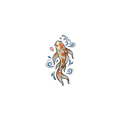 Majestic Orange And White Koi Fish Ascending Through Swirling Blue Ocean Waves, Accompanied By A Floating Pink Petal, Featuring Intricate Scales And Graceful Fins In A Vector Illustration © derahvana