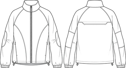 Zip up windbreaker track jacket fashion technical drawing flat sketch vector template with front and back view © MDMEHEDI