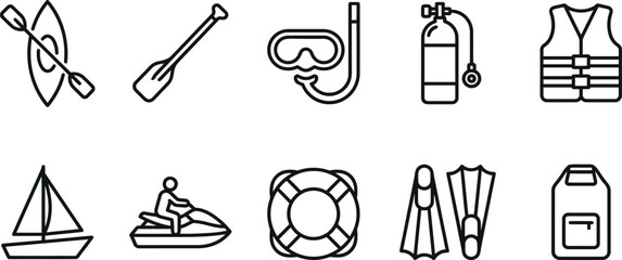Water sports and beach vacation activity icons with life jacket swimming gear snorkeling swimming recreation vacation equipment adventure © SAIFUL