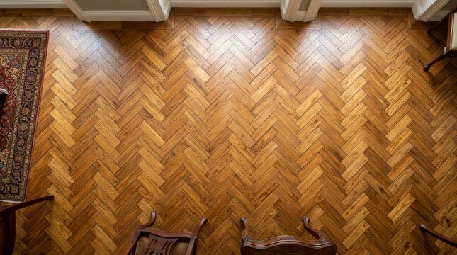 Wooden herringbone floor, brown parquet pattern, indoor lighting, wooden chairs