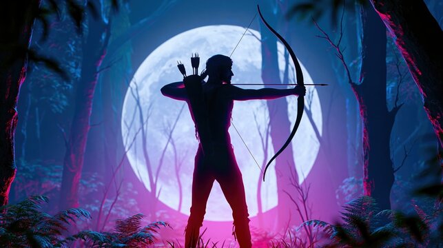 Silhouette archer aiming bow at moon