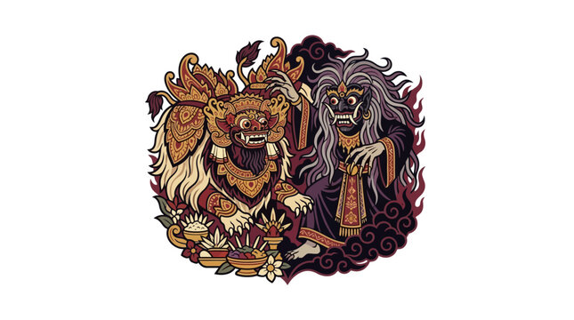 Circular emblem featuring Balinese Barong and Rangda spirits.