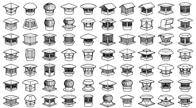 Comprehensive collection of modern roof ventilation systems and chimney cowls in black and white vector line art style for residential and commercial building construction and architectural planning