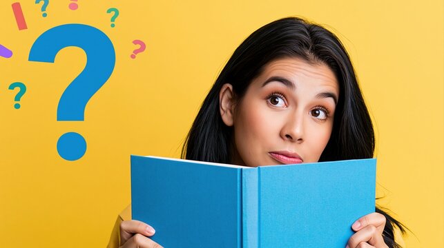 Woman reading book looking puzzled with question marks