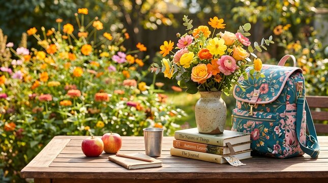 Autumn garden still life flowers books and apples on a wooden table outdoors