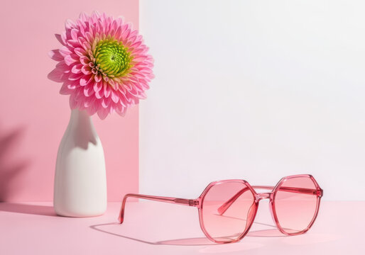 Pink sunglasses and a beautiful flower in a vase on a pink table