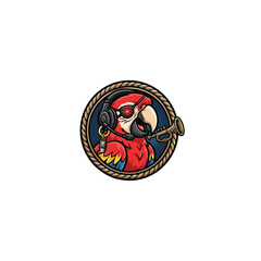 Colorful Parrot Character Designed For Esports, Wearing Headphones And An Eye Patch, Holding A Trumpet Within A Decorative Border, Vector Illustration © derahvana