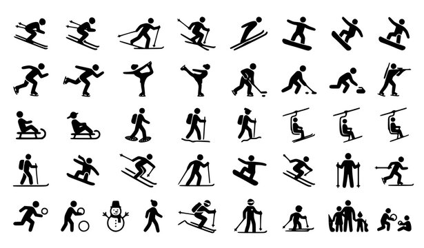 Winter Sports and Outdoor Activity Silhouette Icon Set Featuring Skiing Snowboarding Ice Skating Curling Ski Lifts Sledding and Snowman Pictograms for Alpine Vacation Vector Graphic Designs