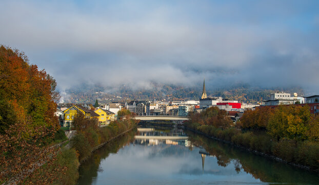 Villach city with the scenic Drava River, Austria