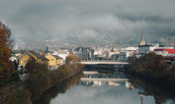 Villach city with the scenic Drava River, Austria